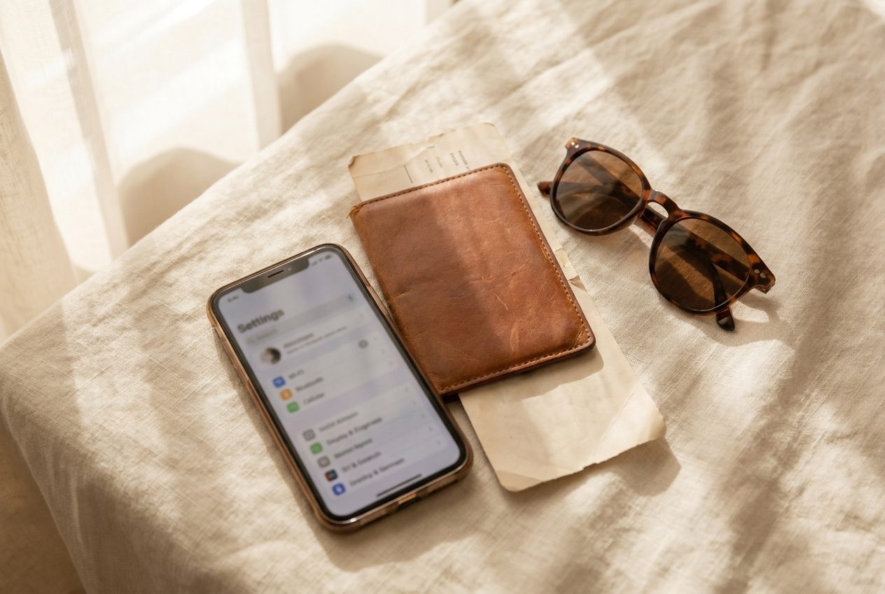 A phone, a leather wallet and sunglasses laid out on linen - travel admin, already in order