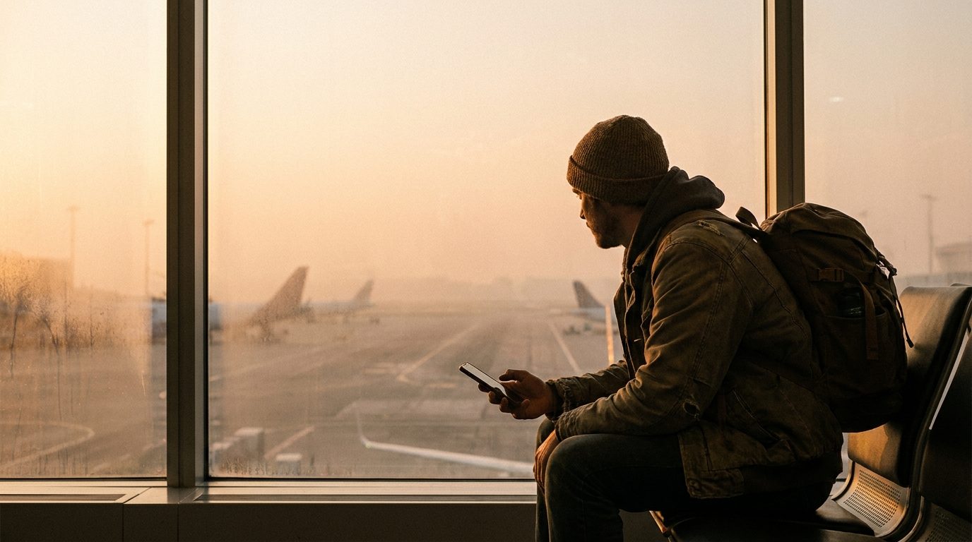 A business traveler at the departure gate at dawn, phone in hand, planes on the tarmac