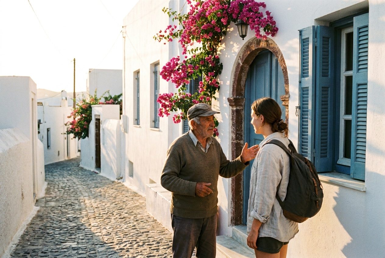 A traveler asking a local for directions on a bougainvillea-lined Santorini lane