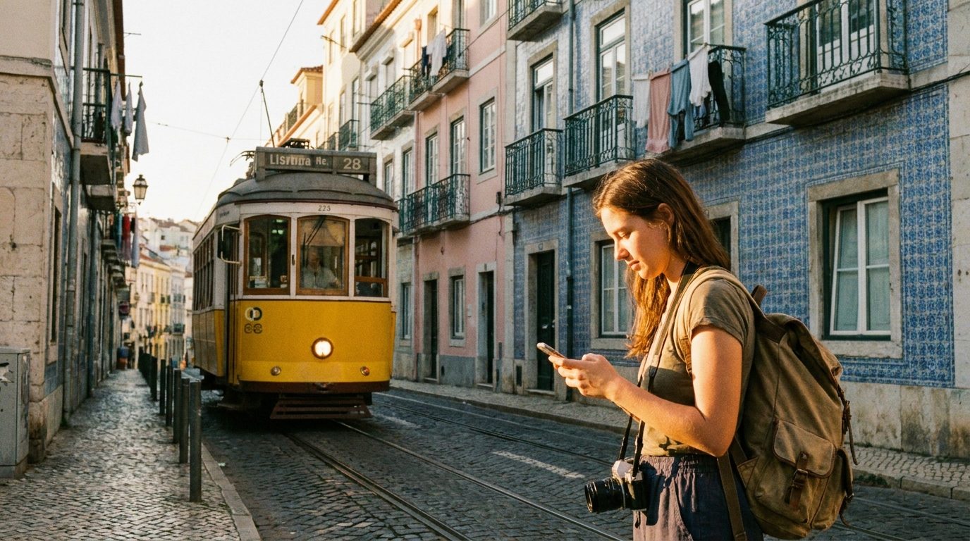 A traveler checking her phone beside a Lisbon tram, connected mid-journey