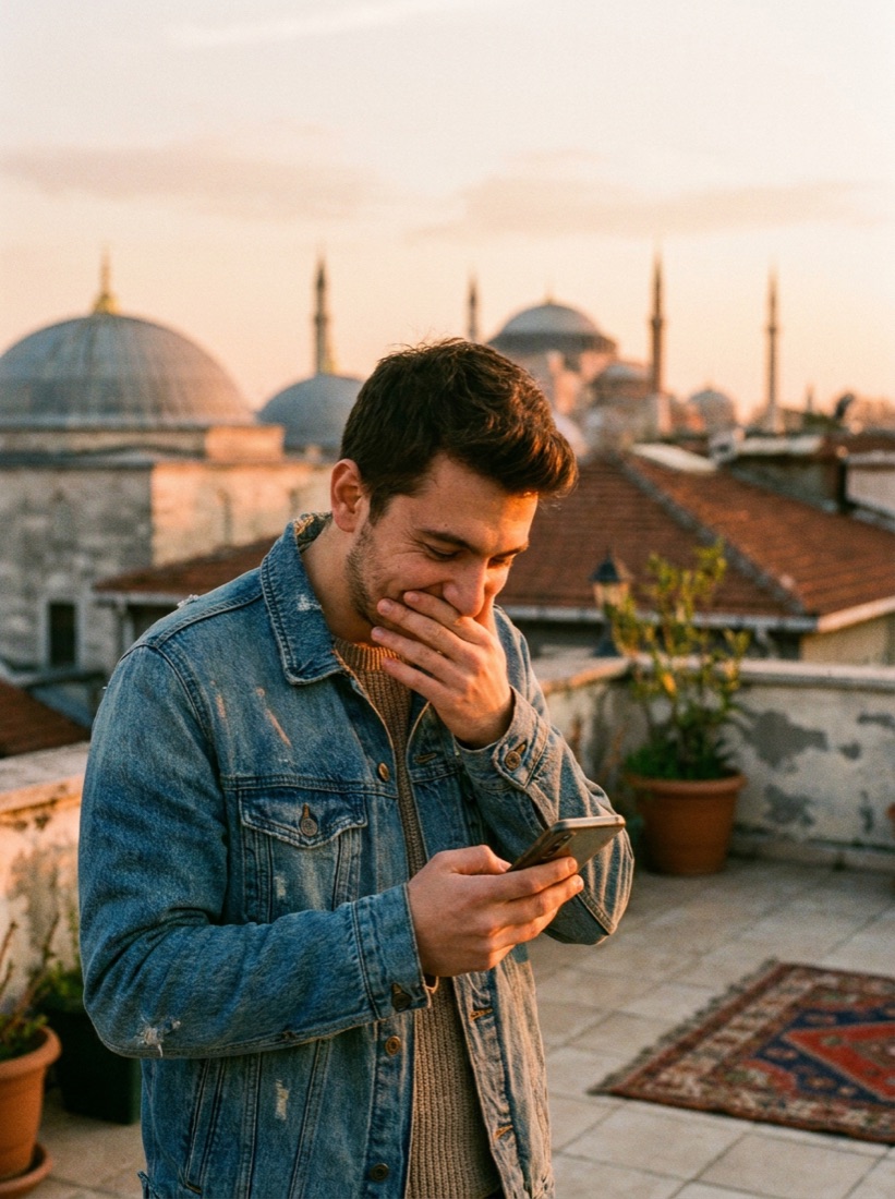 A traveler reading a message on an Istanbul rooftop
