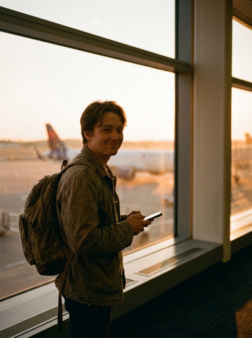 A traveler reading arriving messages by an airport window after landing