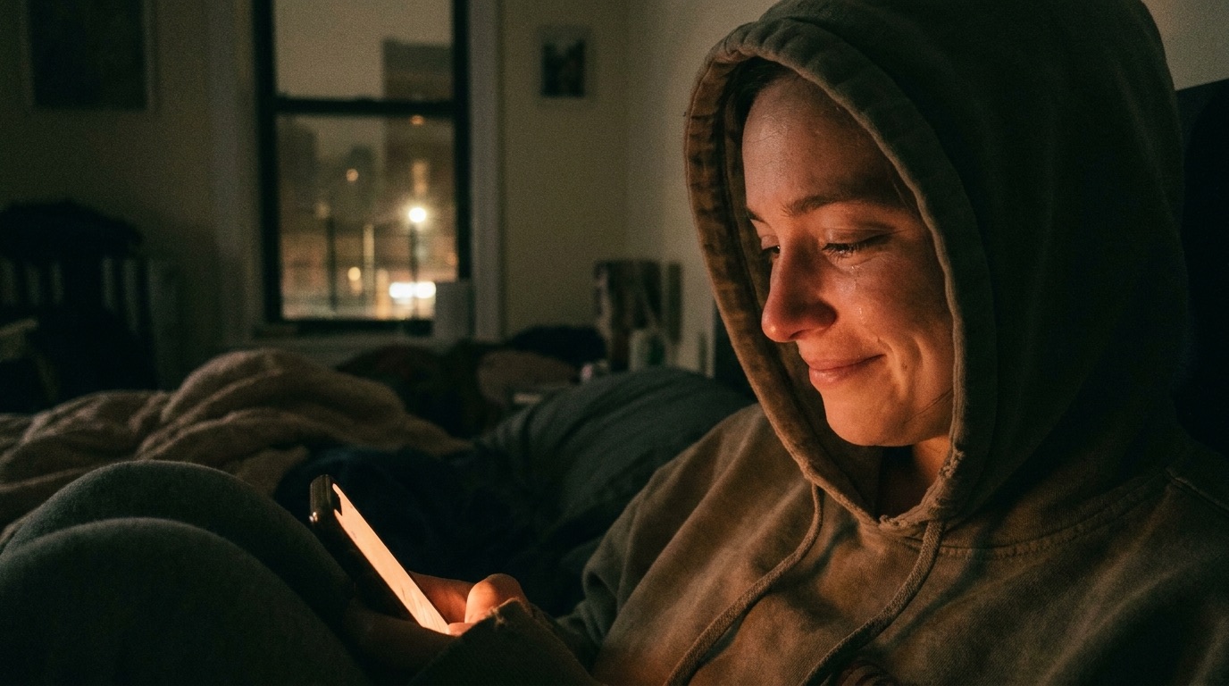 A face lit by a phone screen in a dark room at 2am