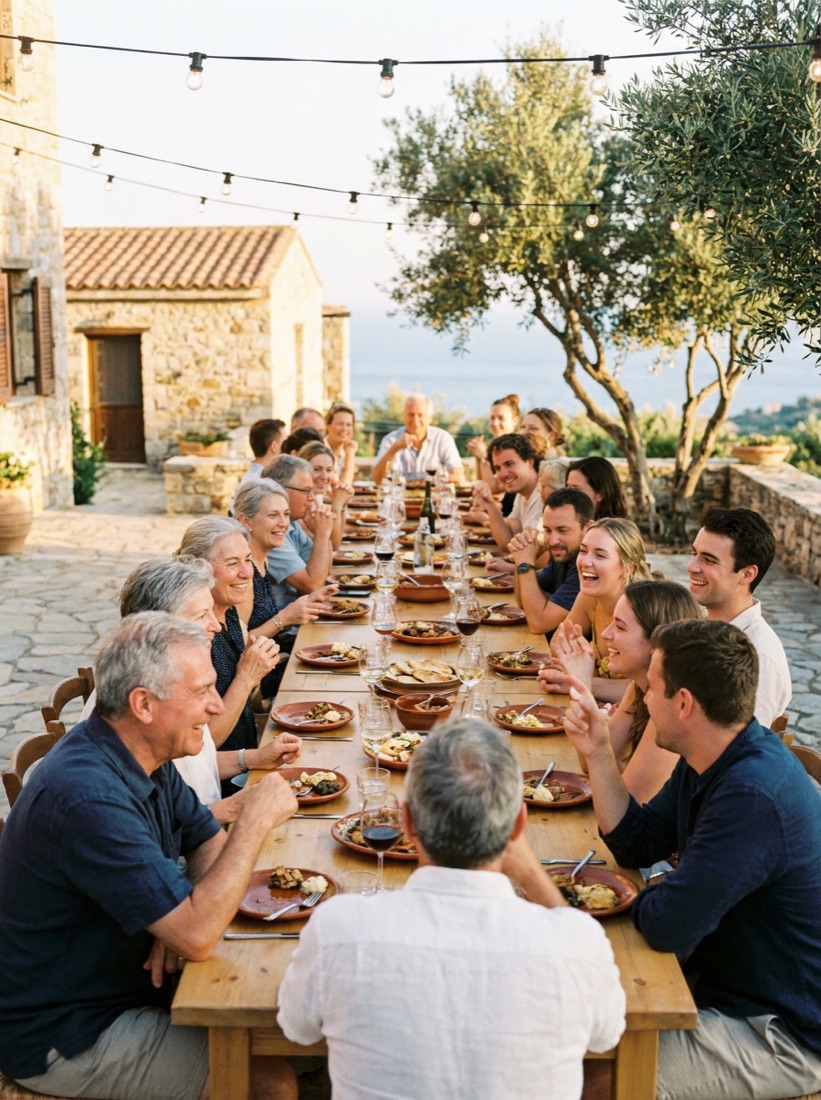 Friends and family sharing stories around a table at golden hour