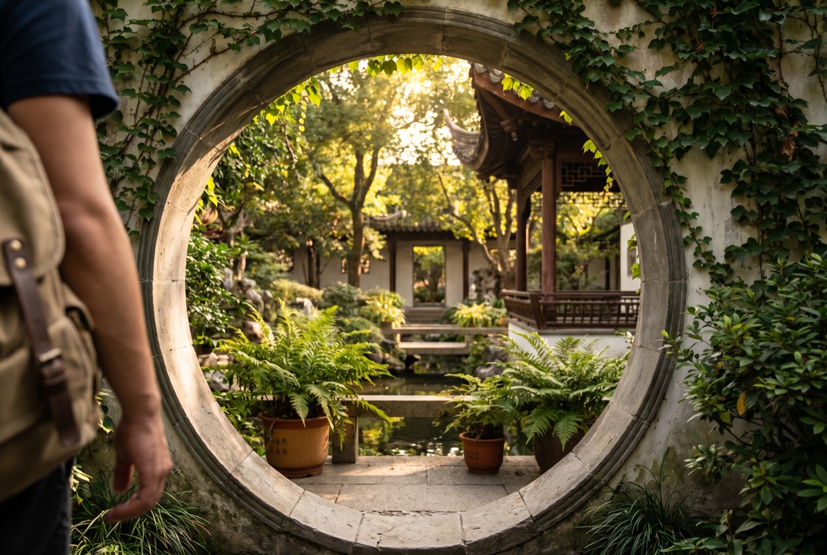 A hutong lane in Beijing at dusk, lanterns lit outside a courtyard doorway