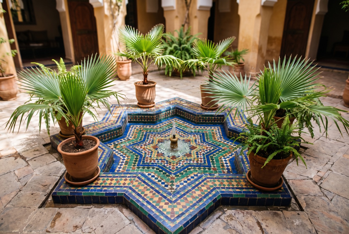 A narrow Marrakech souk alley strung with hanging lanterns above stacked leather babouches