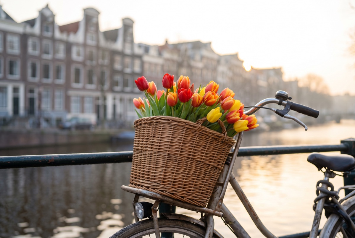 A cyclist crossing a narrow Amsterdam canal bridge at dusk, bikes locked along the railing
