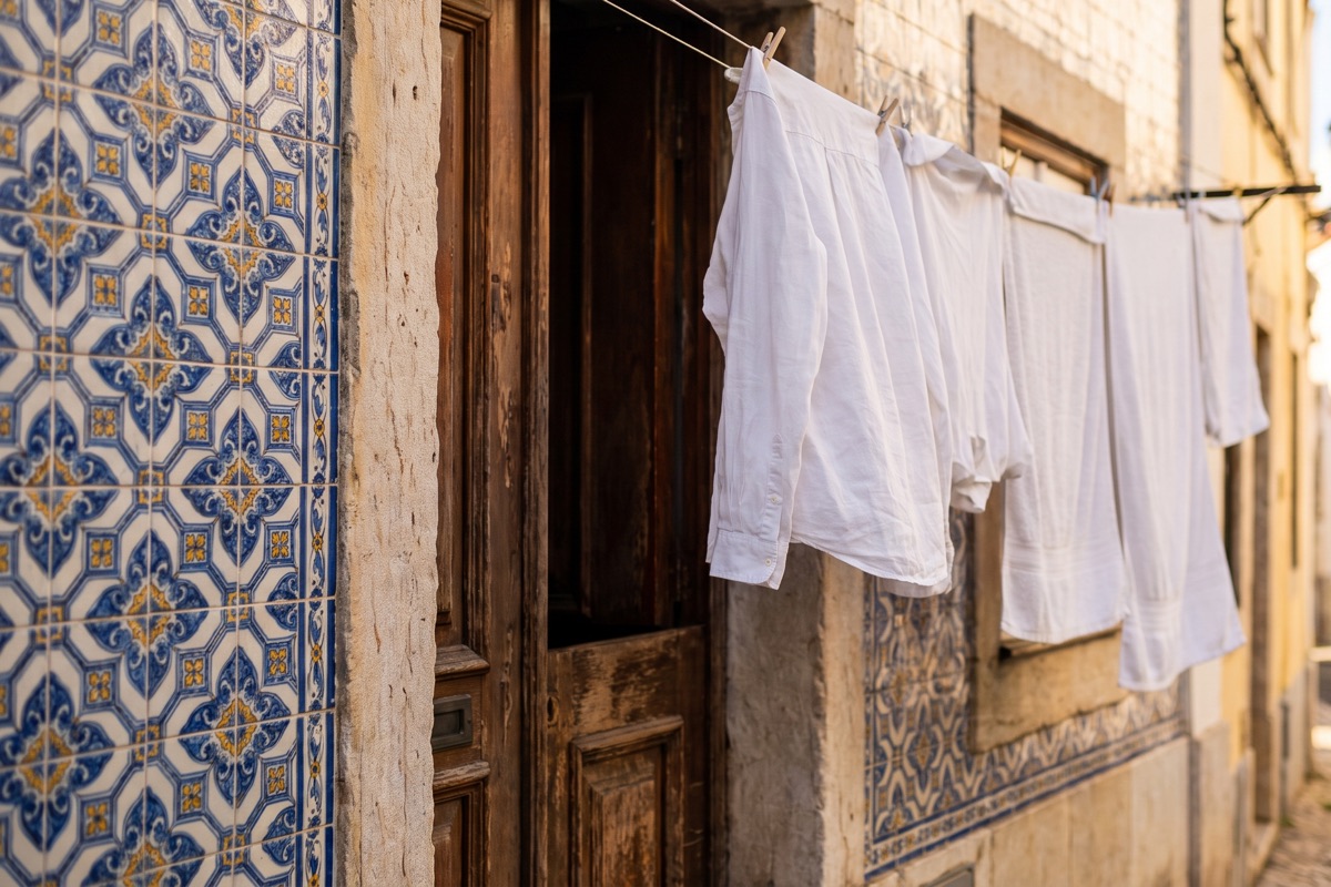 Lisbon backstreet, Alfama, laundry lines and tiled facades